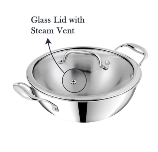 Vinod Platinum Triply Stainless Steel Extra Deep Kadai with Glass Lid 2.5 Litre (22 cm) | 2.5mm Thick | Kadai for Cooking | Heavy Base | Induction & Gas Base | 5 Year Warranty - Image 2